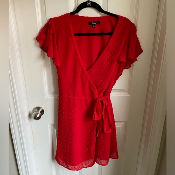 NWOT Lulu’s Much to Celebrate Red Swiss Dot Flutter Sleeve Wrap Mini Dress - Picture 3 of 8